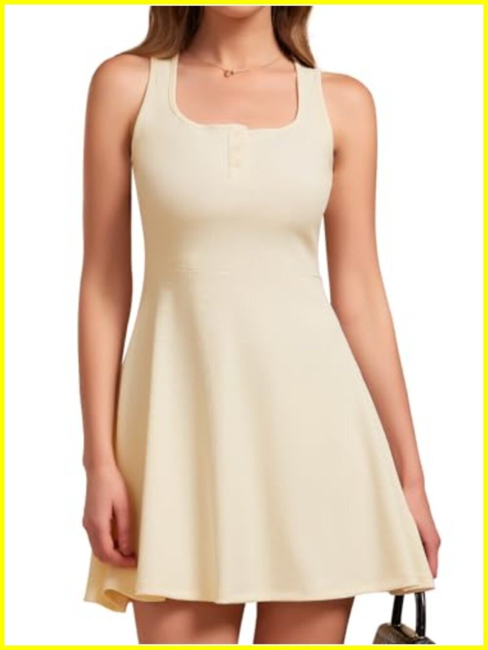 Women's Square Neck Sleeveless Ribbed Knit Mini A-Line Dress Button Front